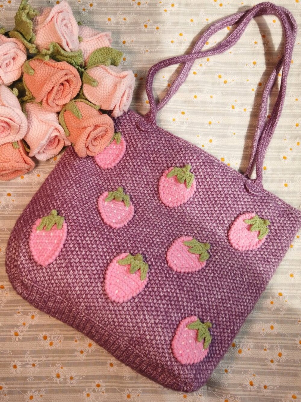 Handmade Strawberry Tunisian Crochet Tote Bag